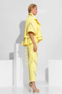 Κίτρινο oversized jacket με 3/4 μανίκια κεντημένα με κρύσταλλα και έντονο πέτο