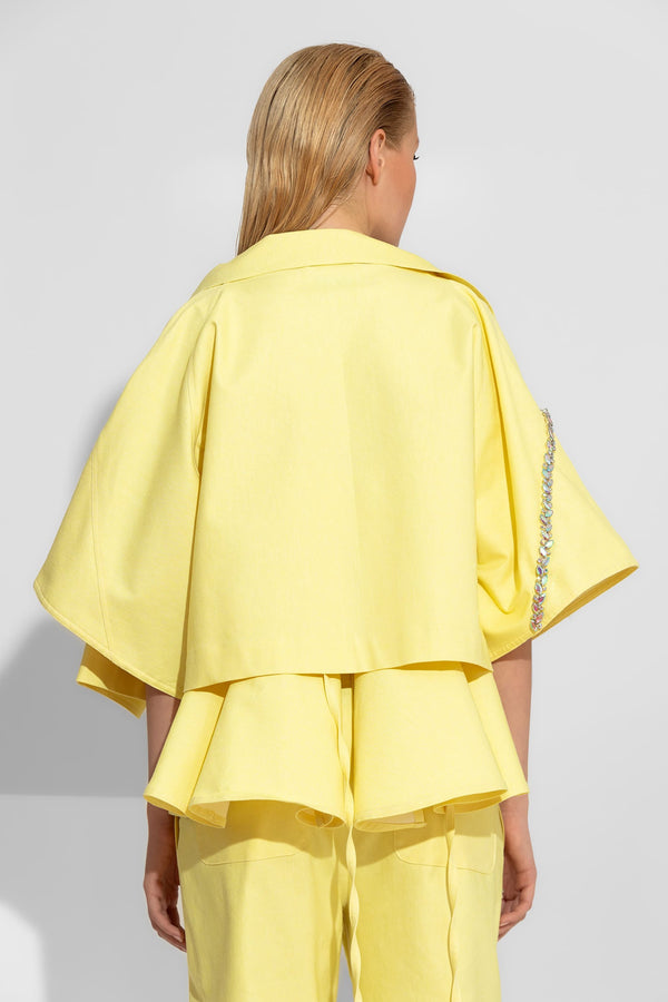 Κίτρινο oversized jacket με 3/4 μανίκια κεντημένα με κρύσταλλα και έντονο πέτο