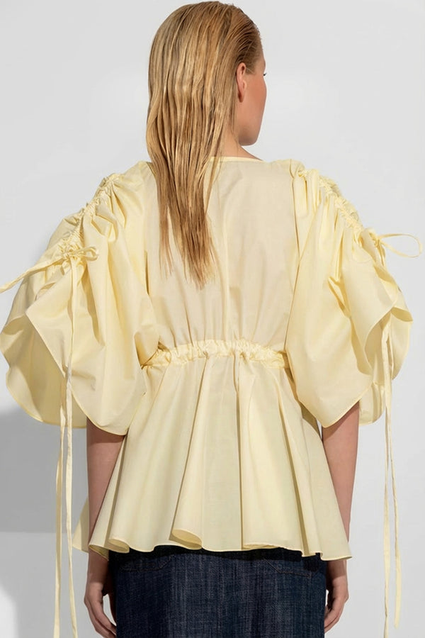 Κίτρινο πουκάμισο ποπλίνα με V λαιμόκοψη, balloon μανίκια και σούρα στη μέση