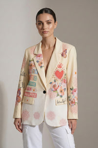 Κίτρινο γυναικείο σακάκι με floral και graphic print σε παστέλ αποχρώσεις.