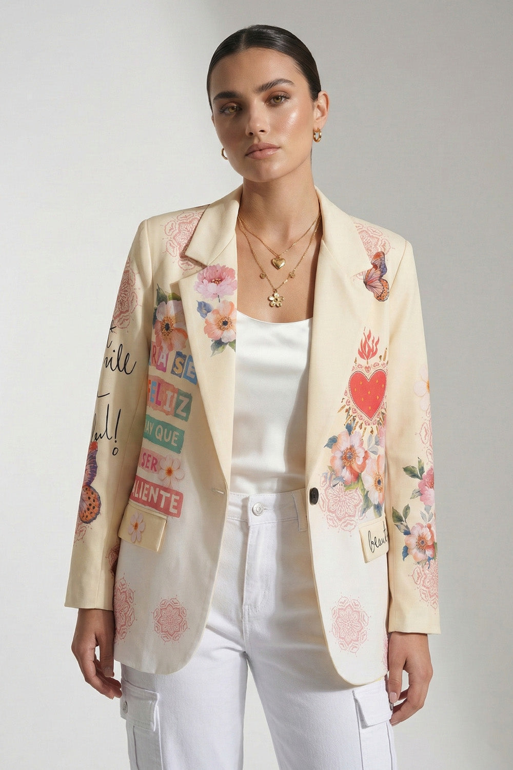 Κίτρινο γυναικείο σακάκι με floral και graphic print σε παστέλ αποχρώσεις.