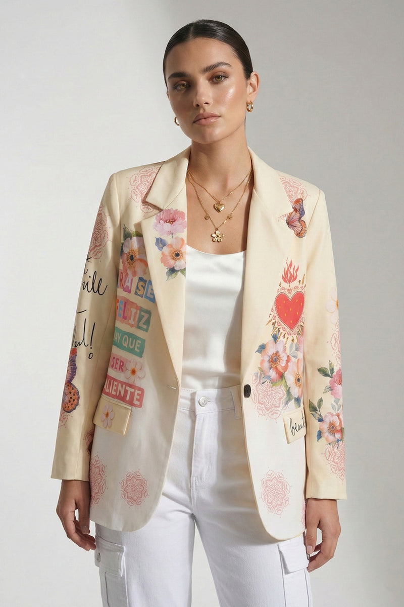 Κίτρινο γυναικείο σακάκι με floral και graphic print σε παστέλ αποχρώσεις.