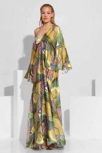 Κίτρινο σατέν maxi φόρεμα με abstract print, έναν ώμο και φαρδιά μανίκια με βολάν