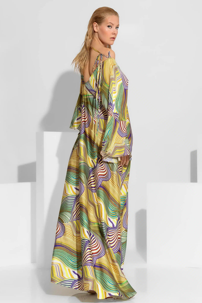 Κίτρινο σατέν maxi φόρεμα με abstract print, έναν ώμο και φαρδιά μανίκια με βολάν