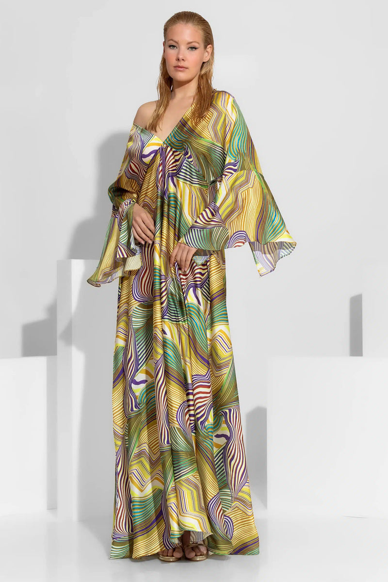Κίτρινο σατέν maxi φόρεμα με abstract print, έναν ώμο και φαρδιά μανίκια με βολάν