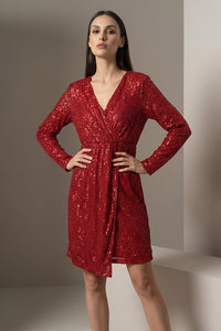 Κόκκινο plus size φόρεμα με παγιέτες, V λαιμόκοψη, μακρύ μανίκι και άνετη γραμμή, μήκος πάνω από το γόνατο.
