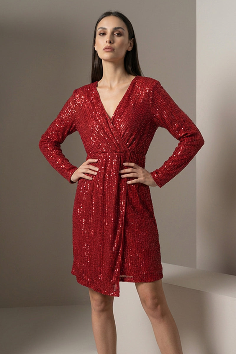 Κόκκινο plus size φόρεμα με παγιέτες, V λαιμόκοψη, μακρύ μανίκι και άνετη γραμμή, μήκος πάνω από το γόνατο.