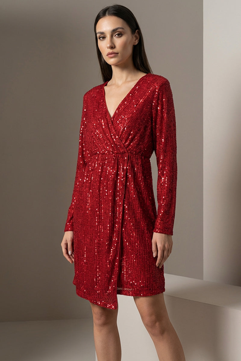 Κόκκινο plus size φόρεμα με παγιέτες, V λαιμόκοψη, μακρύ μανίκι και άνετη γραμμή, μήκος πάνω από το γόνατο.