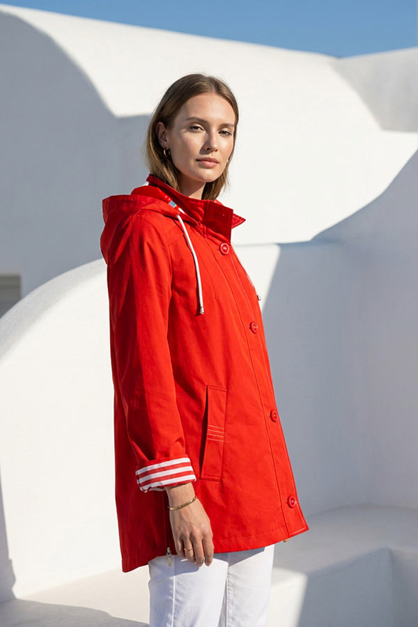 Κόκκινο γυναικείο jacket με κουκούλα και ριγέ λεπτομέρειες στα μανίκια