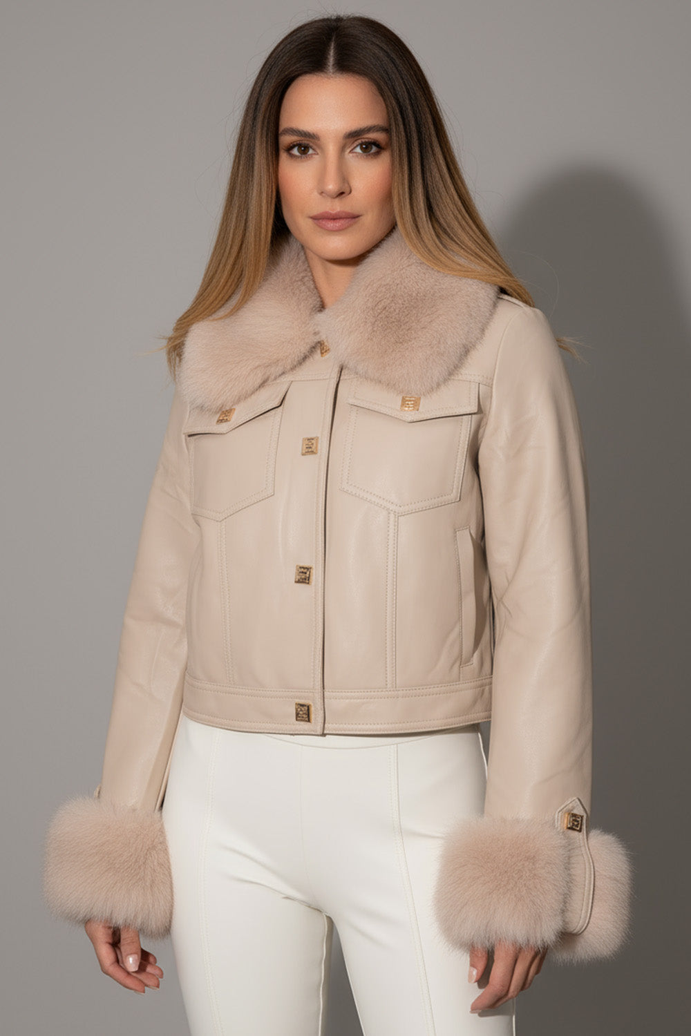 Κοντό μπεζ μπουφάν με αποσπώμενη γούνα