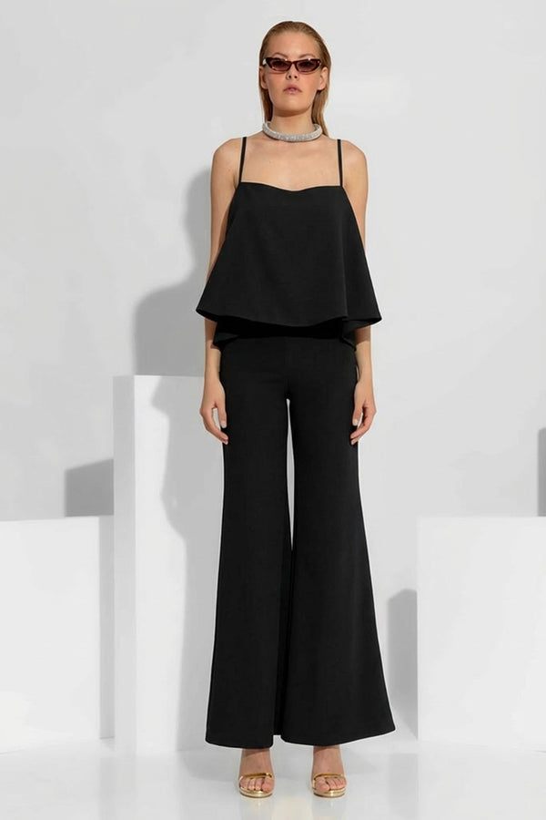 μαύρο κρεπ παντελόνι καμπάνα με μακρύ μήκος