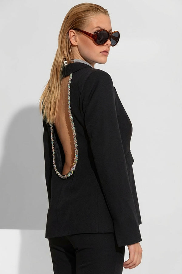 μαύρο κρεπ σακάκι με ανοιχτή πλάτη και κεντημένα κρύσταλλα