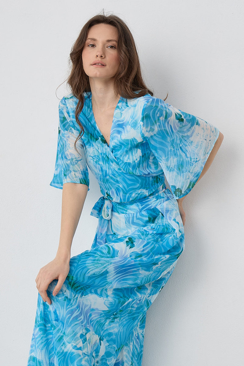 Κρουαζέ τοπ μουσελίνα εμπριμέ σε γαλάζιο και τιρκουάζ με δέσιμο στη μέση και αέρινα μανίκια