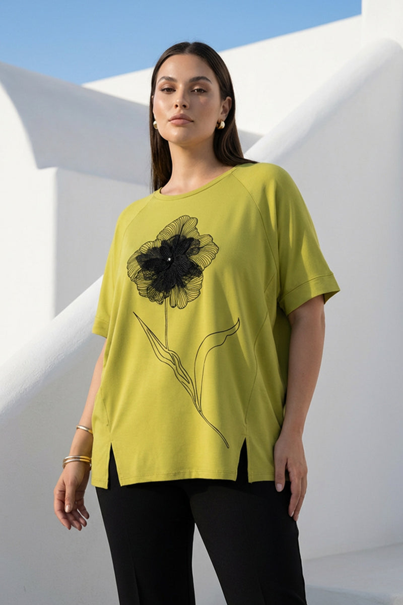 Γυναικεία λαχανί μπλούζα με floral σχέδιο και ανάγλυφη λεπτομέρεια μπροστά