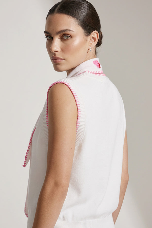Λευκό Πλεκτό Αμάνικο Top με Ροζ Ραφές & Φουλάρι