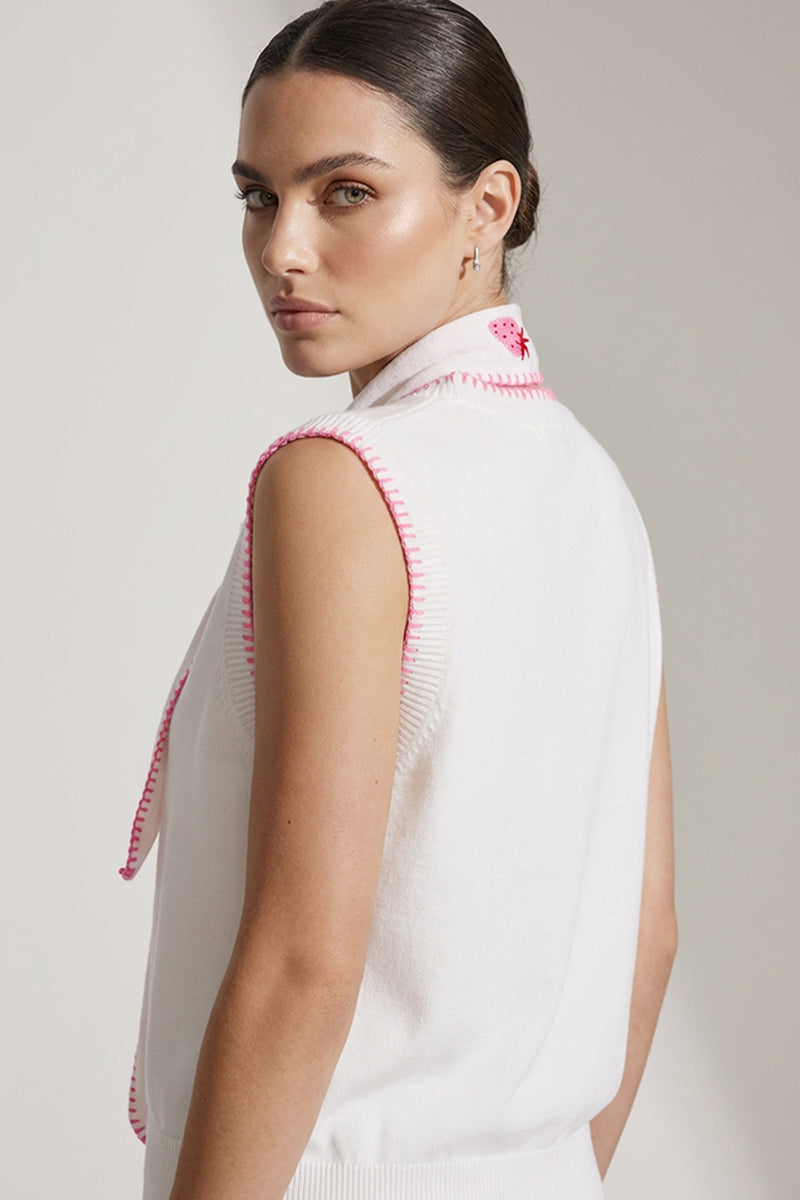 Λευκό Πλεκτό Αμάνικο Top με Ροζ Ραφές & Φουλάρι