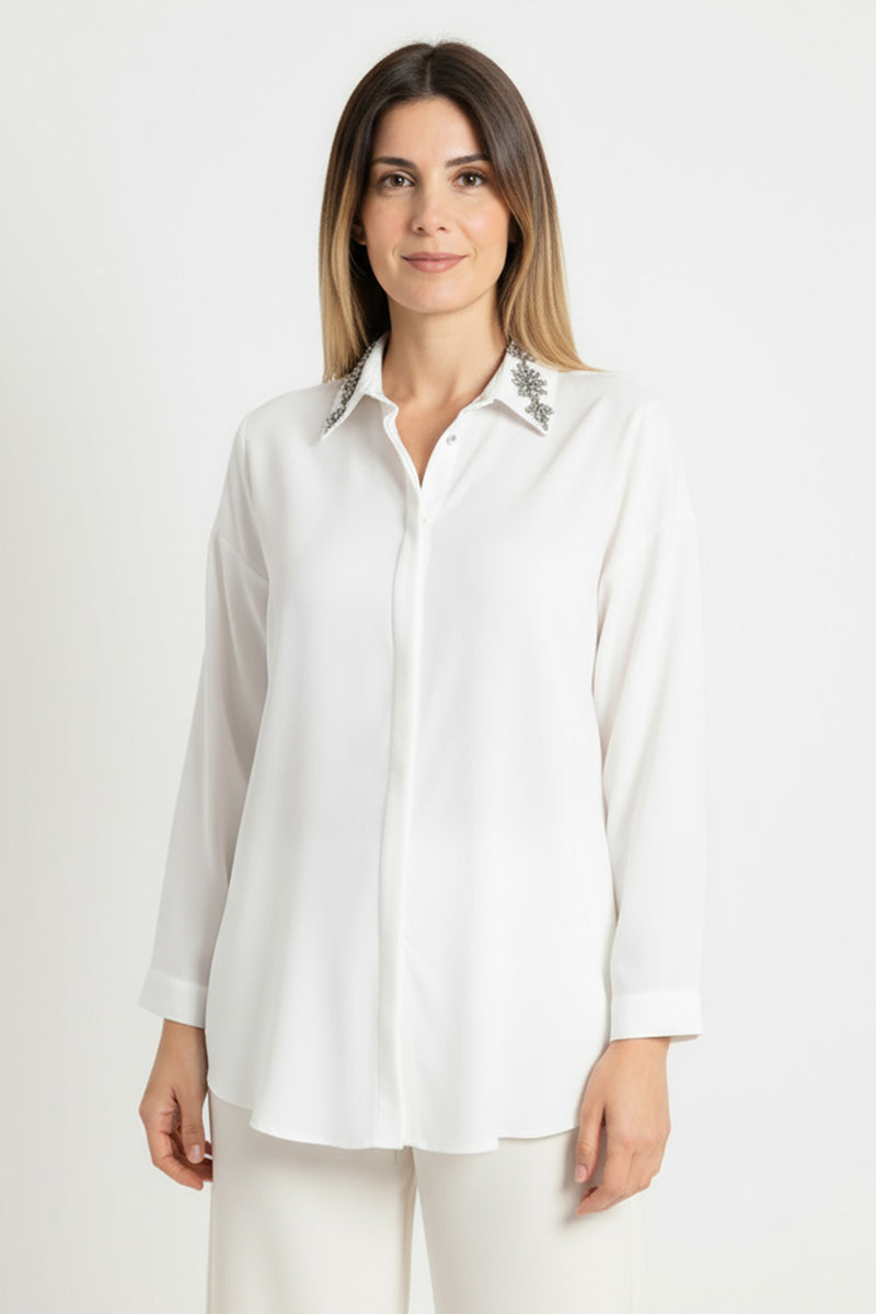 Λευκό πουκάμισο με διακοσμητικά στρας στον γιακά – Ellisargi Boutique