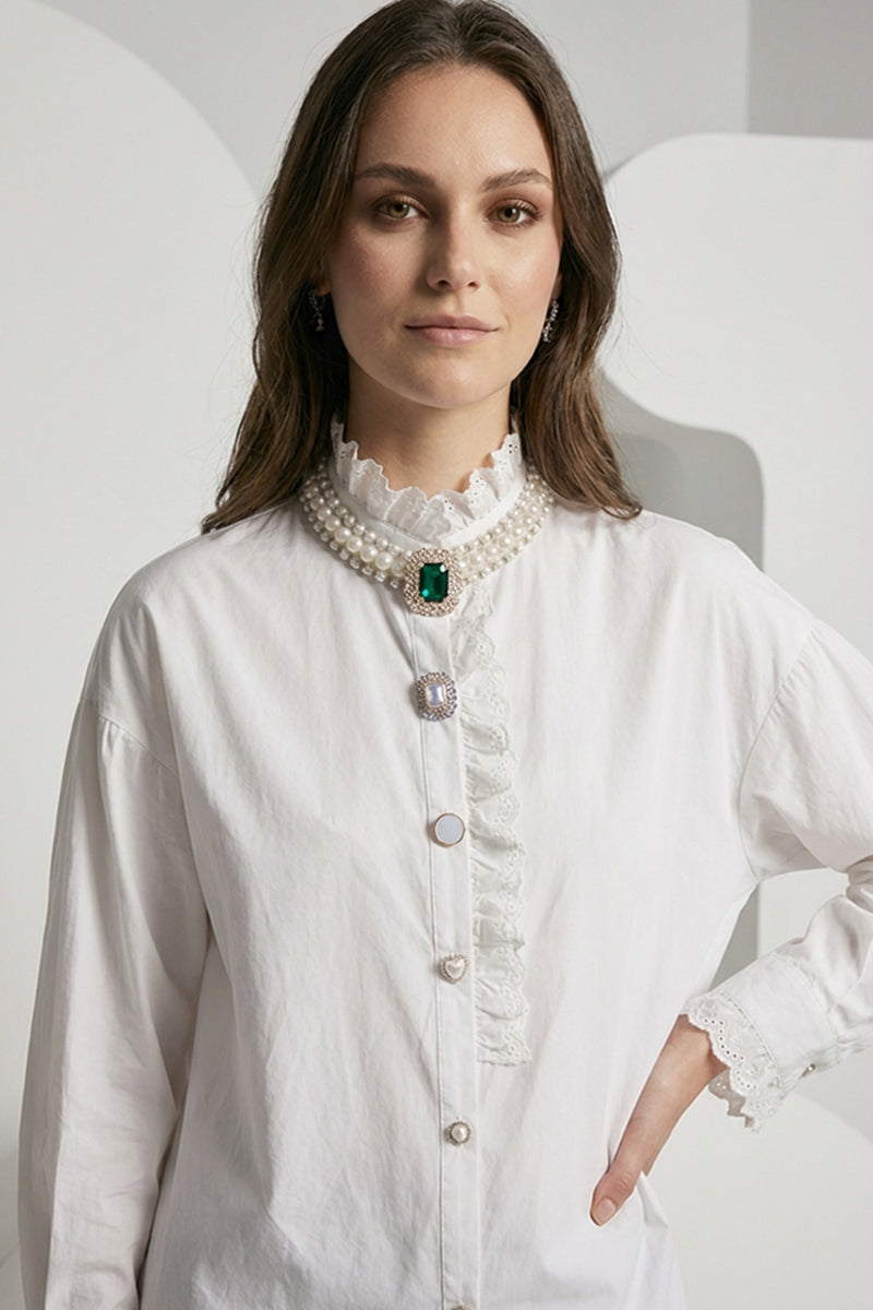 Λευκό Πουκάμισο με Βολάν & Διακοσμητικά Κουμπιά
