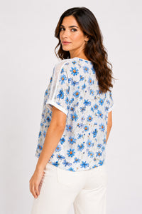 T-Shirt Blue Meadow Print με Διάτρητες Λεπτομέρειες