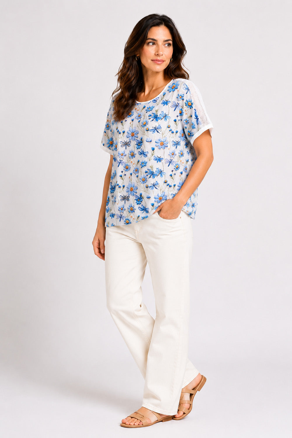 T-Shirt Blue Meadow Print με Διάτρητες Λεπτομέρειες