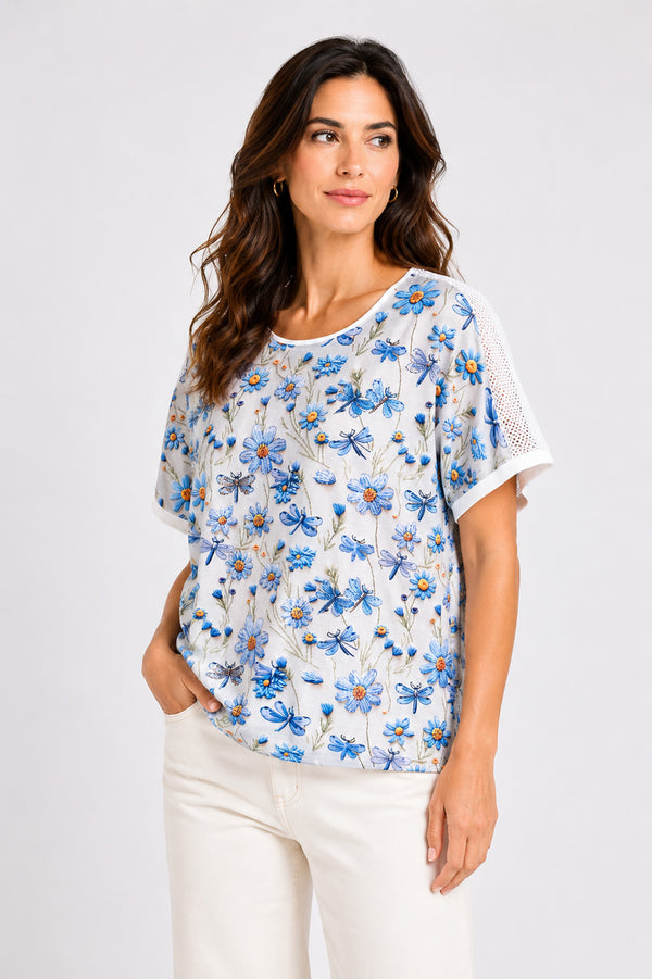 T-Shirt Blue Meadow Print με Διάτρητες Λεπτομέρειες