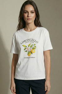 Λευκό γυναικείο T-shirt με print Limoncello και σχέδιο λεμόνια στο μπροστινό μέρος