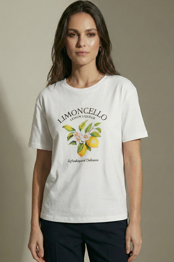 Λευκό γυναικείο T-shirt με print Limoncello και σχέδιο λεμόνια στο μπροστινό μέρος