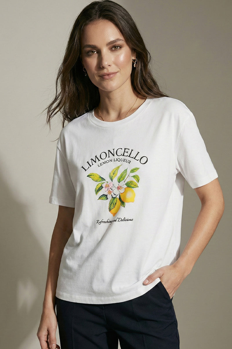 Λευκό γυναικείο T-shirt με print Limoncello και σχέδιο λεμόνια στο μπροστινό μέρος