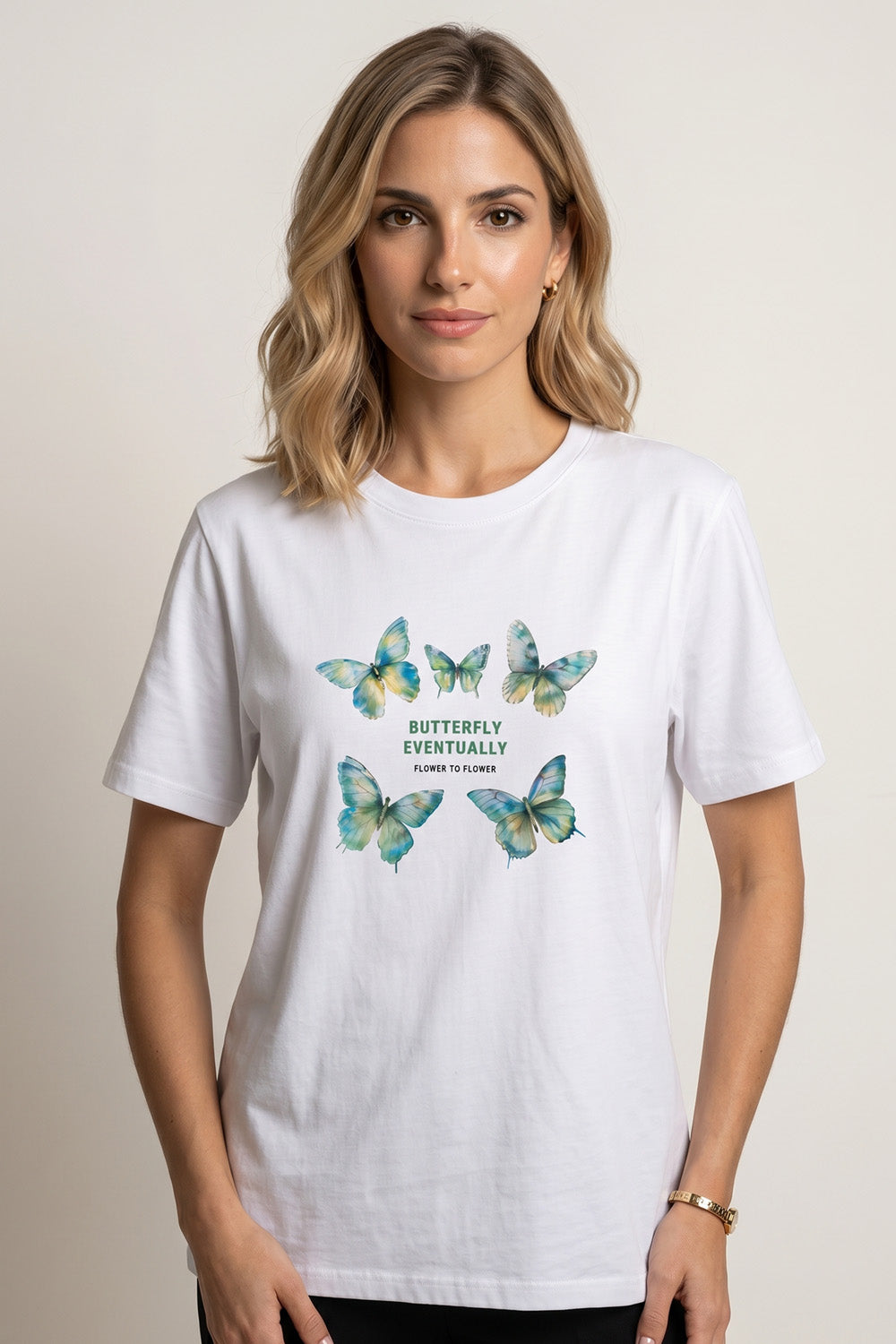 Λευκό T-shirt με τύπωμα πεταλούδες σε πράσινες και γαλάζιες αποχρώσεις και μήνυμα μπροστά