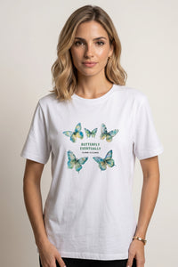 Λευκό T-shirt με τύπωμα πεταλούδες σε πράσινες και γαλάζιες αποχρώσεις και μήνυμα μπροστά