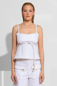 Λευκό denim τοπ με λεπτές τιράντες και δέσιμο στην πλάτη με εμφανείς ραφές