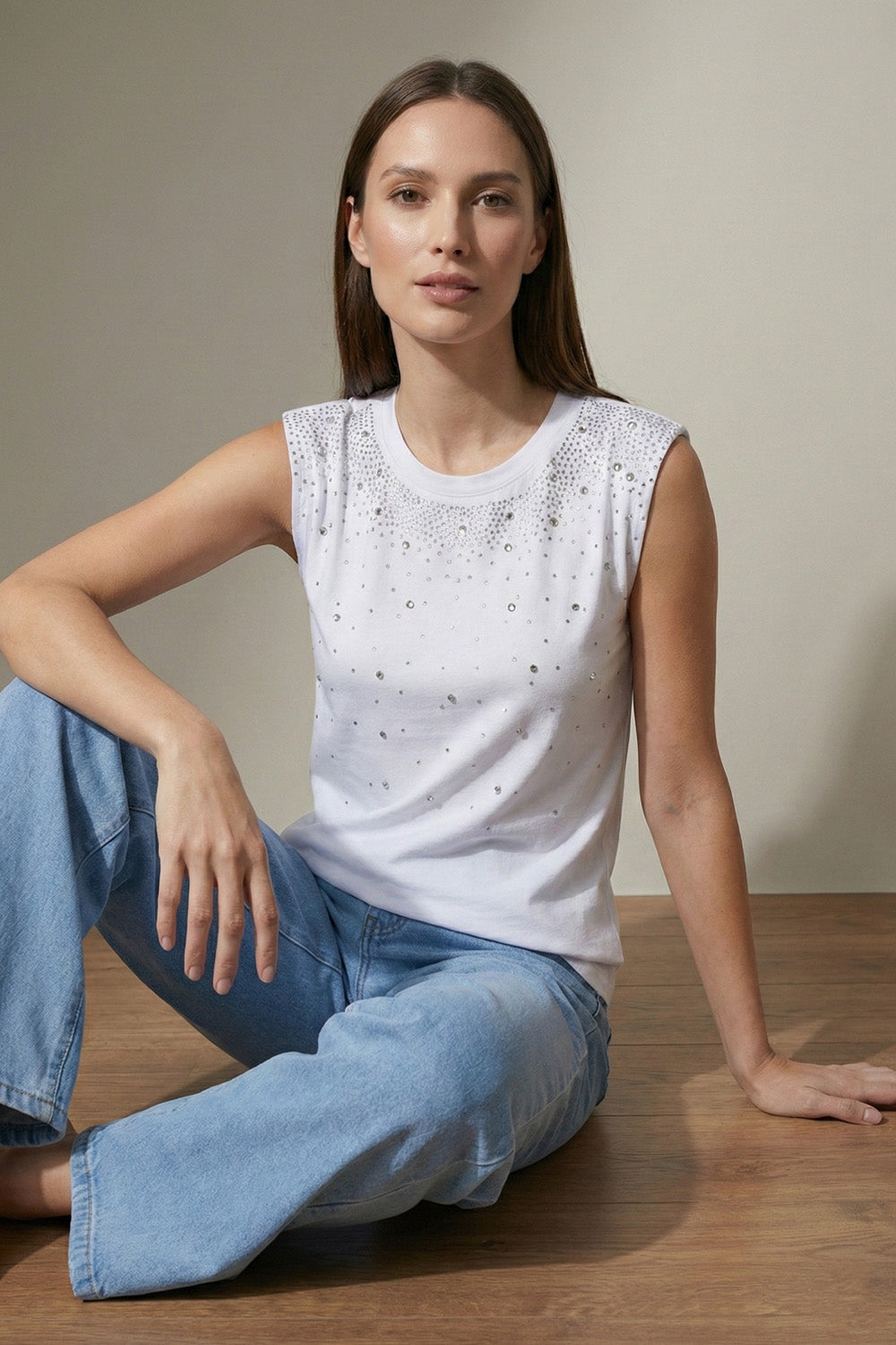 Λευκό Αμάνικο Top με Strass