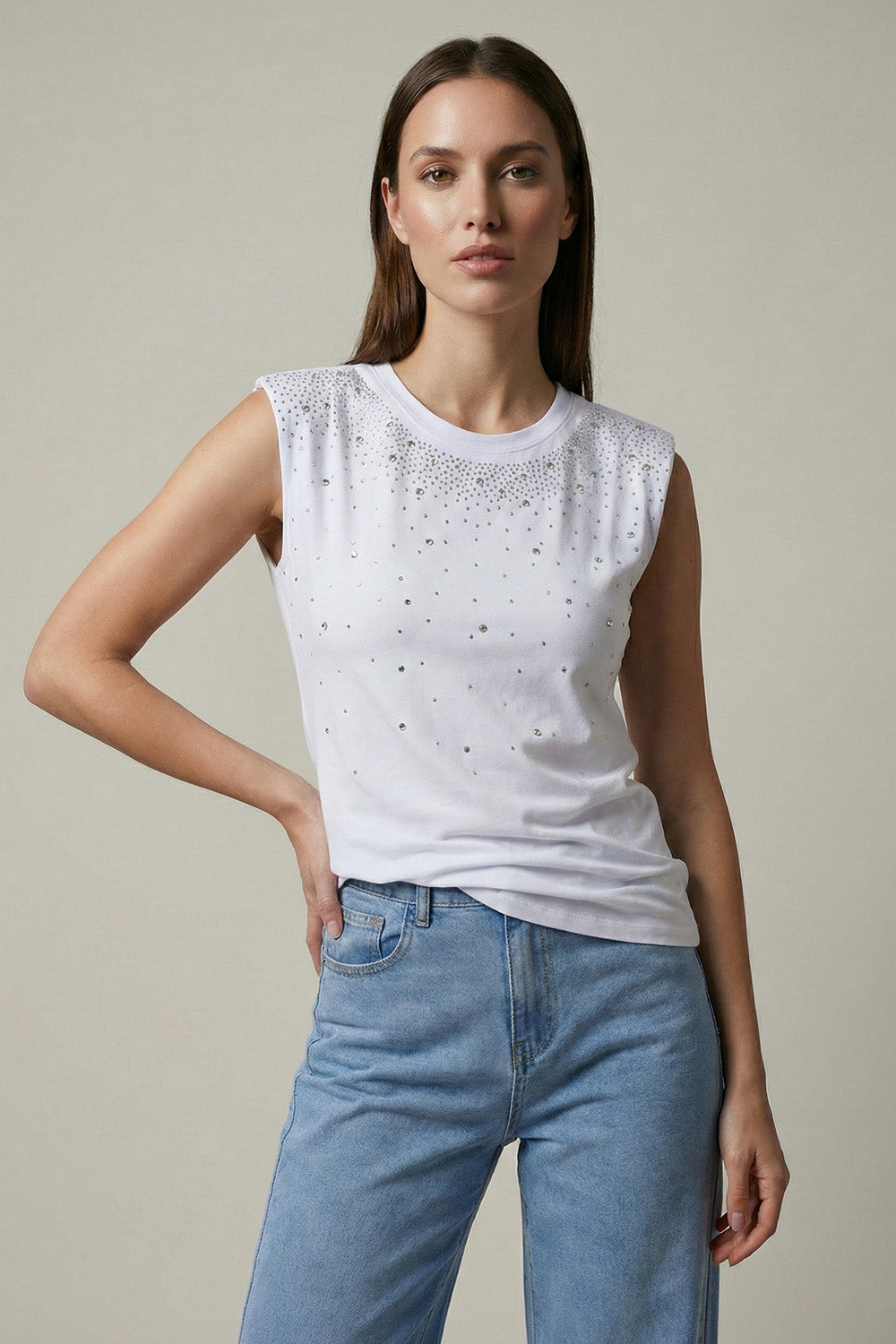 Λευκό Αμάνικο Top με Strass