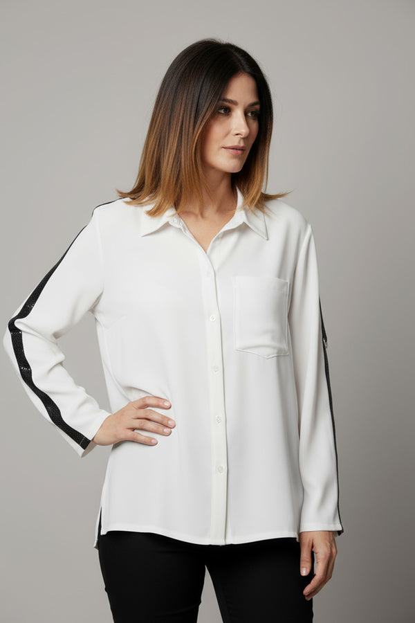 Λευκό πουκάμισο με μαύρη διακοσμητική ρίγα στα μανίκια – Ellisargi Boutique