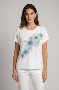 Λευκό T-shirt με Floral Τύπωμα σε Χαλαρή Γραμμή