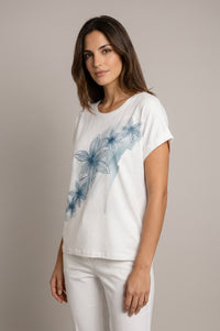 Λευκό T-shirt με Floral Τύπωμα σε Χαλαρή Γραμμή