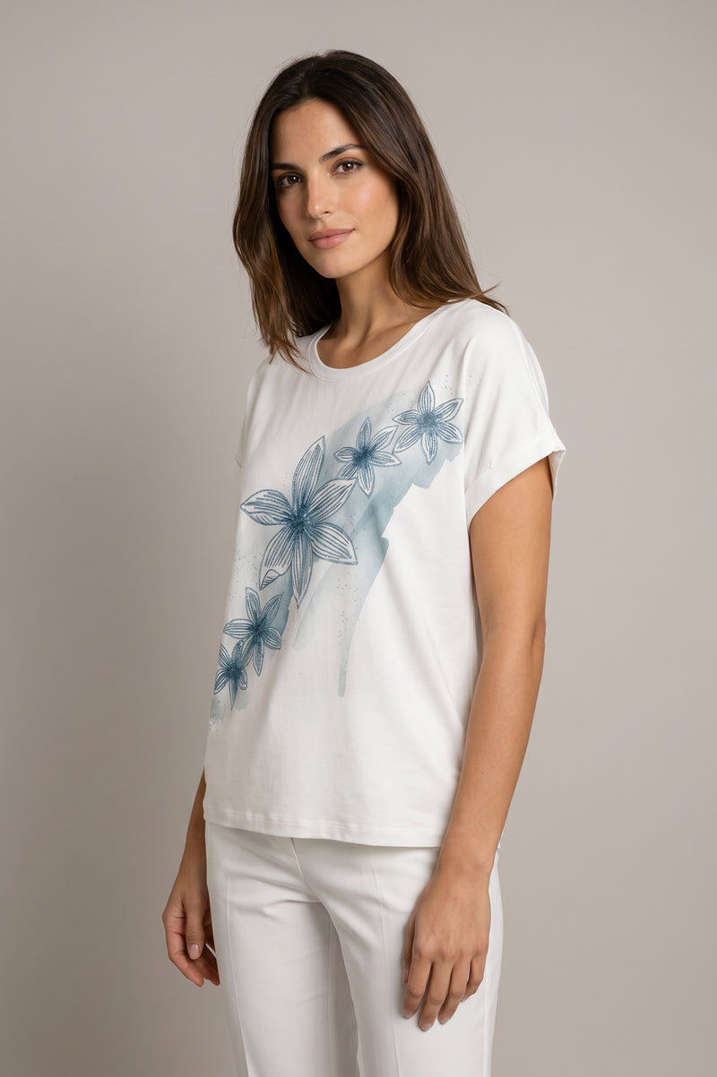 Λευκό T-shirt με Floral Τύπωμα σε Χαλαρή Γραμμή