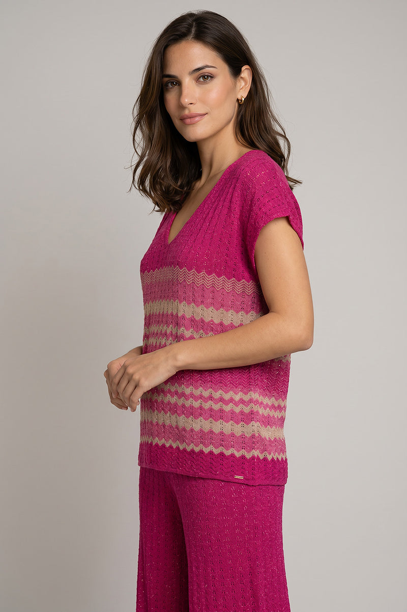 Lurex Πλεκτό Τοπ Ζίγκ-Ζαγκ με V Λαιμόκοψη