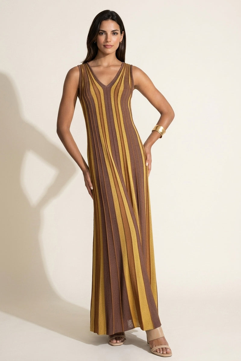 Πολύχρωμο lurex μάξι φόρεμα με κάθετες ρίγες και V λαιμόκοψη, εφαρμοστή γραμμή και αμάνικο σχέδιο