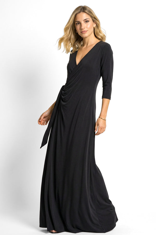 Μαύρο μάξι φόρεμα κρουαζέ με V λαιμόκοψη και δέσιμο στη μέση με μανίκι 3/4