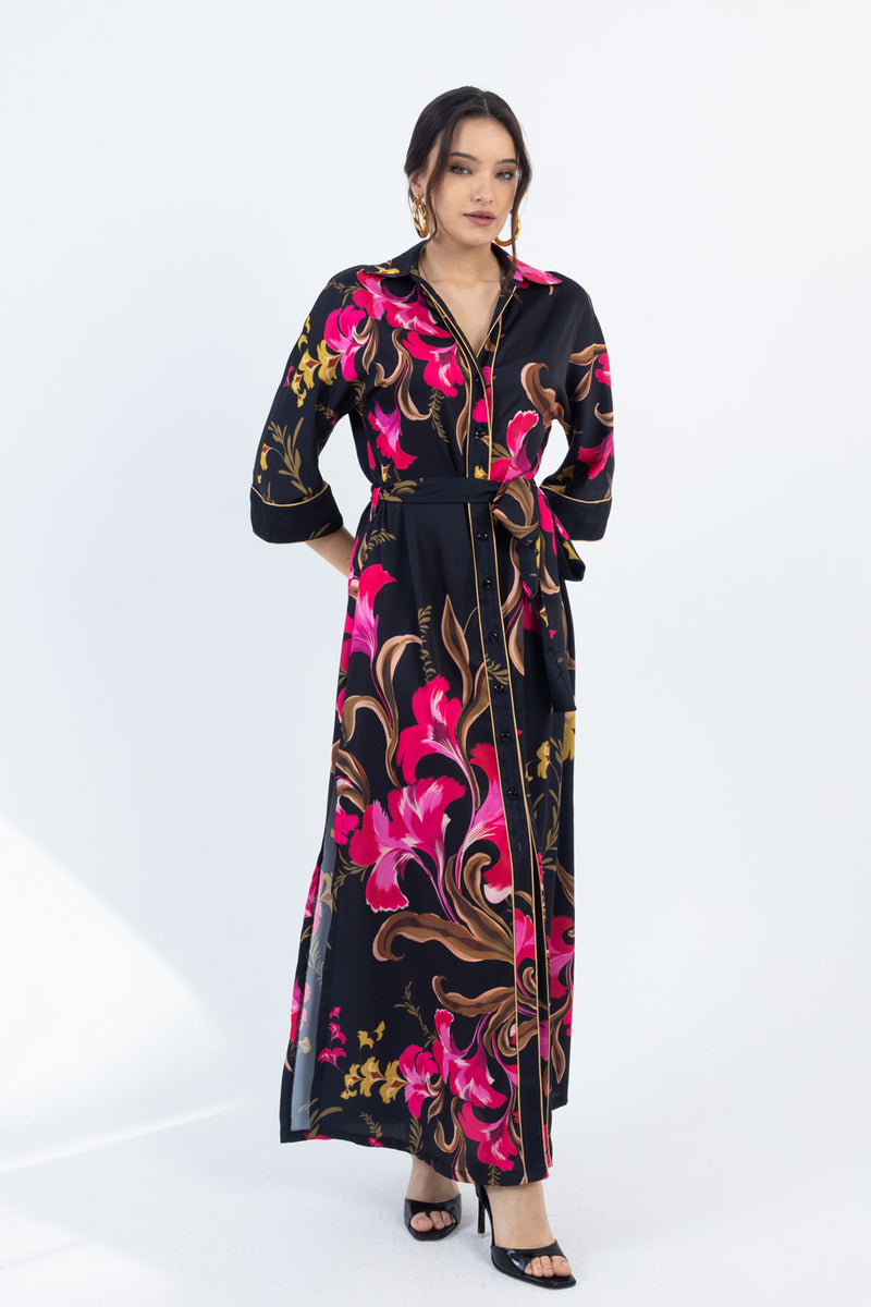 Μαύρο maxi φόρεμα πουκαμίσα με floral print, κουμπιά μπροστά και ζώνη στη μέση