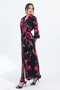 Μαύρο maxi φόρεμα πουκαμίσα με floral print, κουμπιά μπροστά και ζώνη στη μέση