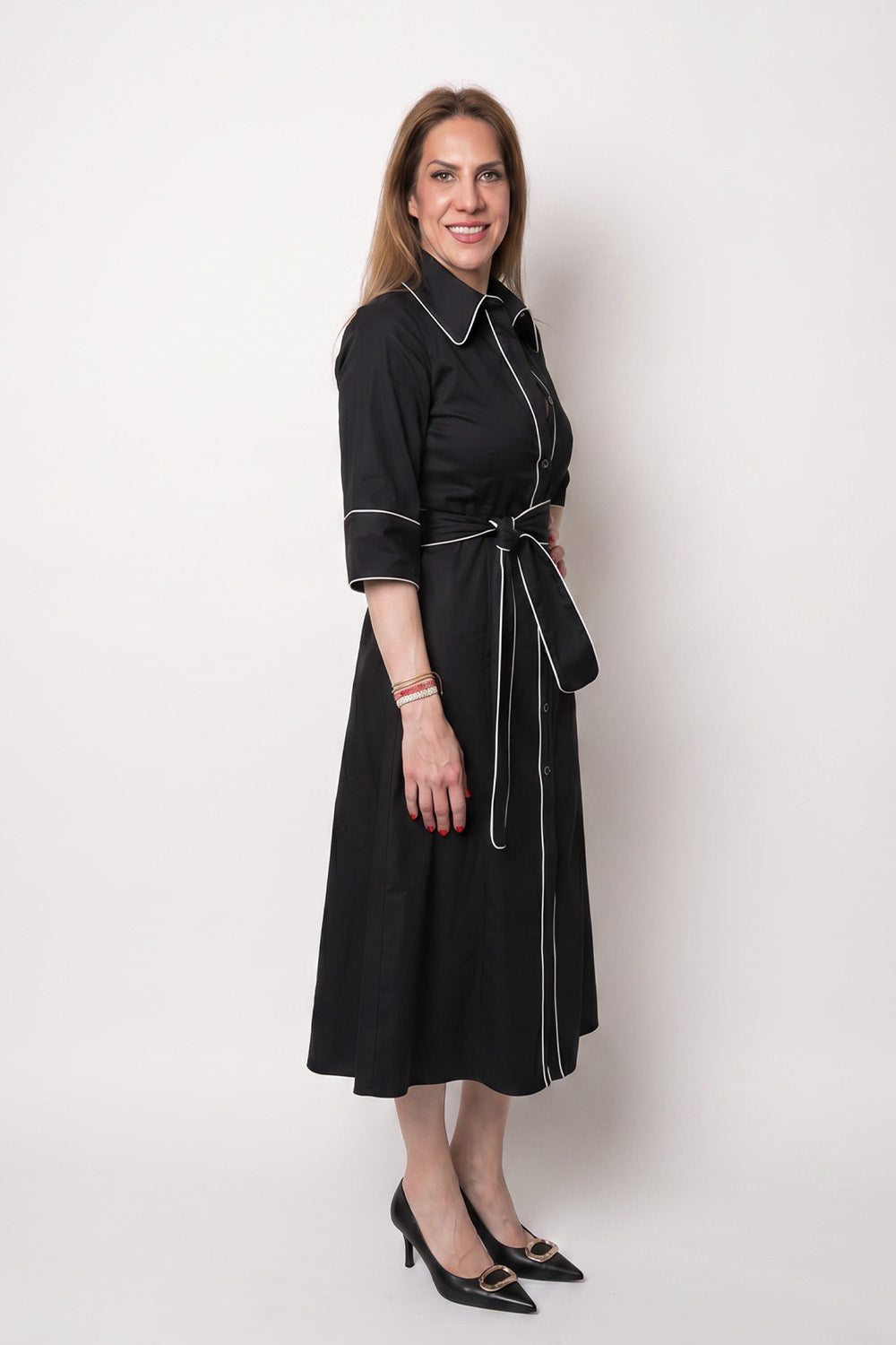 Midi Shirt Dress Μαύρο με Λευκές Αντιθέσεις