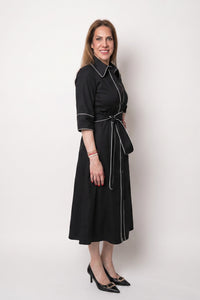 Midi Shirt Dress Μαύρο με Λευκές Αντιθέσεις