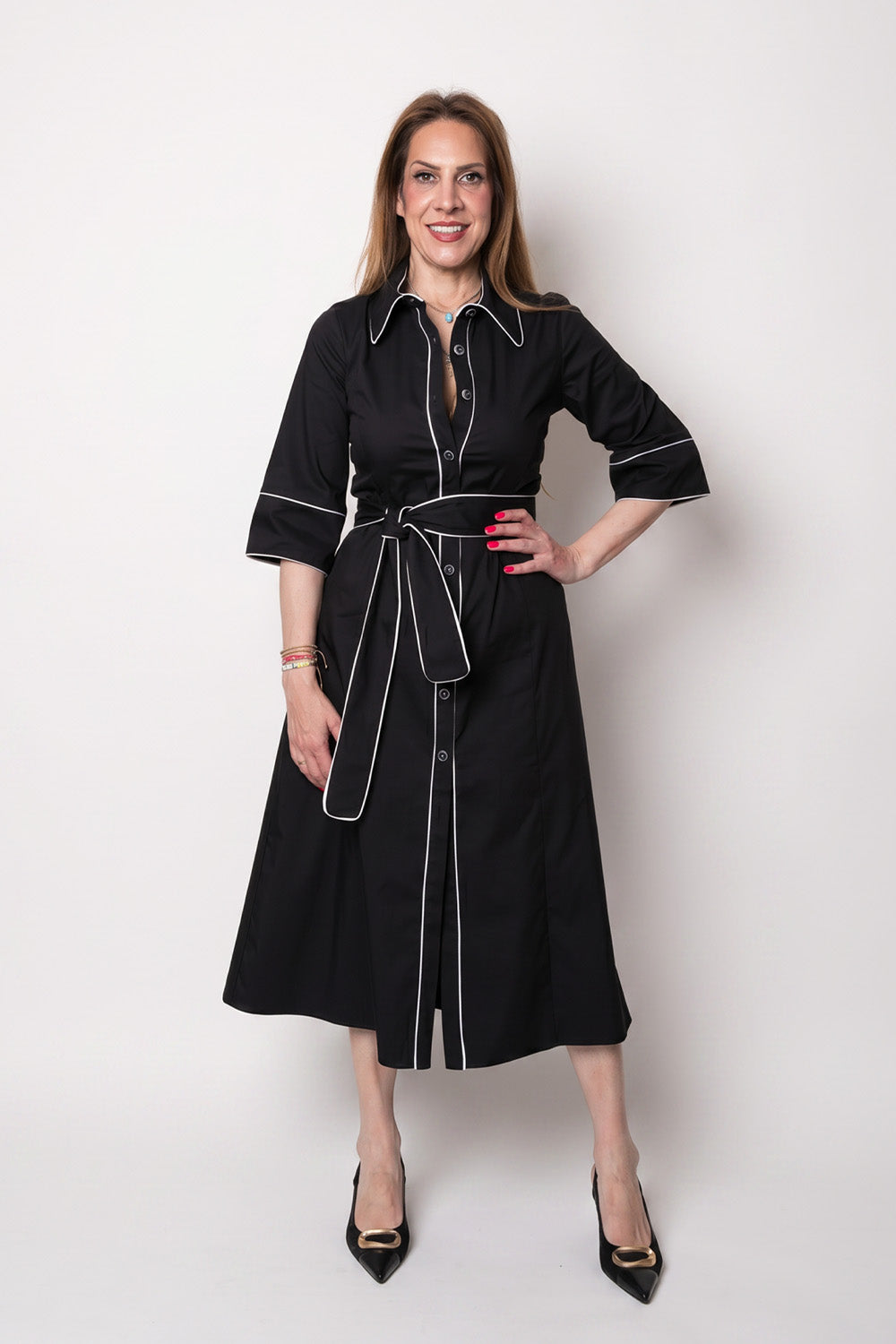 Midi Shirt Dress Μαύρο με Λευκές Αντιθέσεις