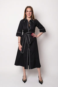 Midi Shirt Dress Μαύρο με Λευκές Αντιθέσεις