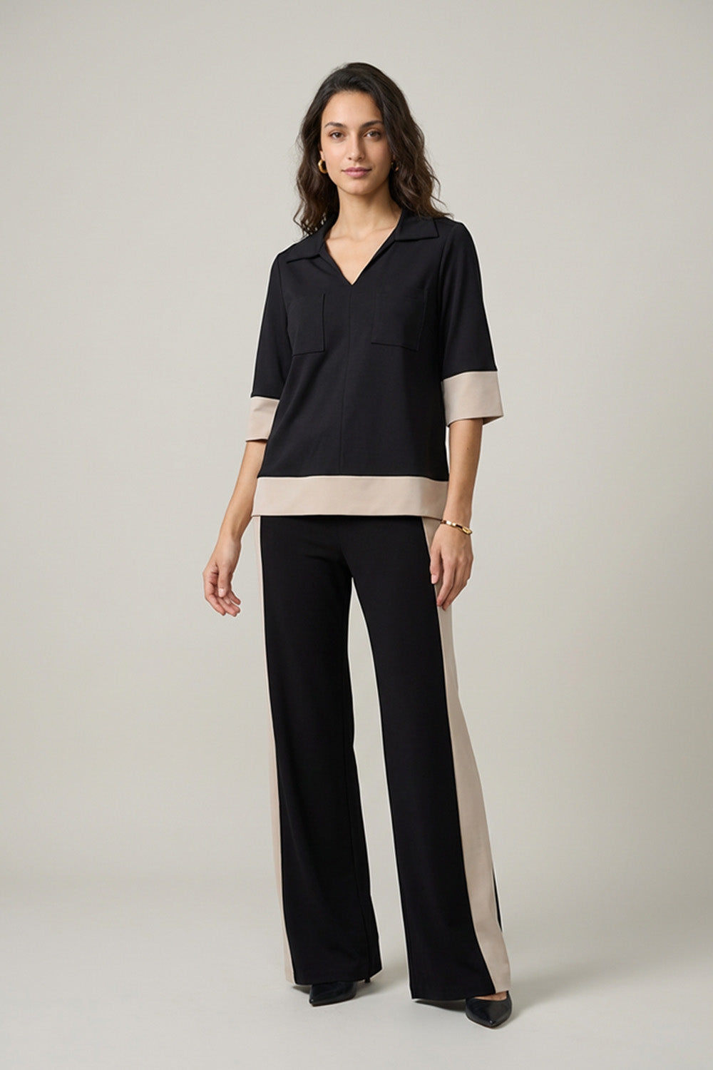 Δίχρωμο Σετ Μαύρο – Μπεζ με Παντελόνι Palazzo
