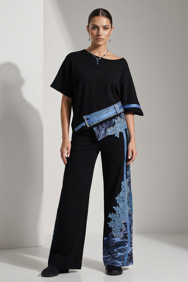 Μαύρο γυναικείο σετ με μπλούζα και φαρδύ παντελόνι με denim και μπλε floral λεπτομέρειες
