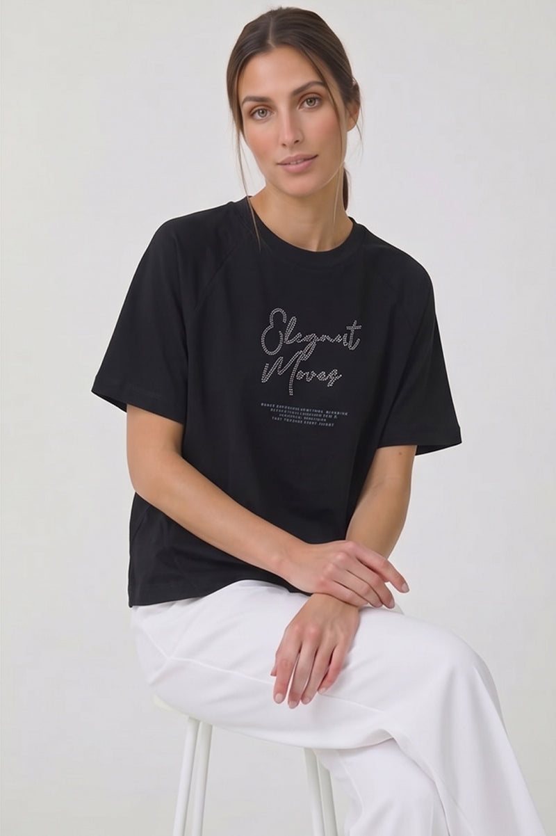 Μαύρο γυναικείο T-shirt με μεταλλιζέ τύπωμα Elegant Moves στο μπροστινό μέρος