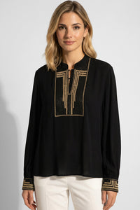 Μαύρη Μπλούζα με Χρυσό Κέντημα & Mandarin Γιακά, γεωμετρικό κέντημα και χαλαρή εφαρμογή.
